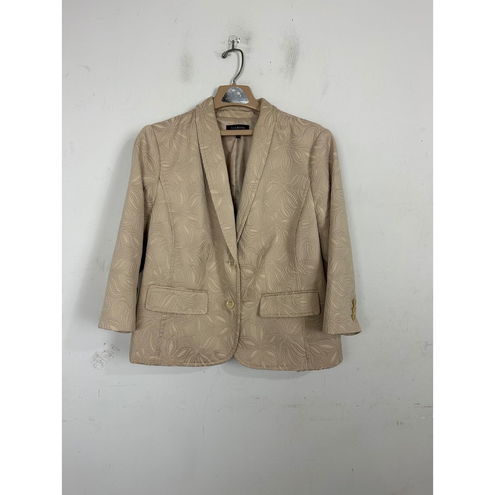 Talbots Woman Beige Floral Jacquard Blazer Size 18W 3/4 Sleeve Shawl Collar